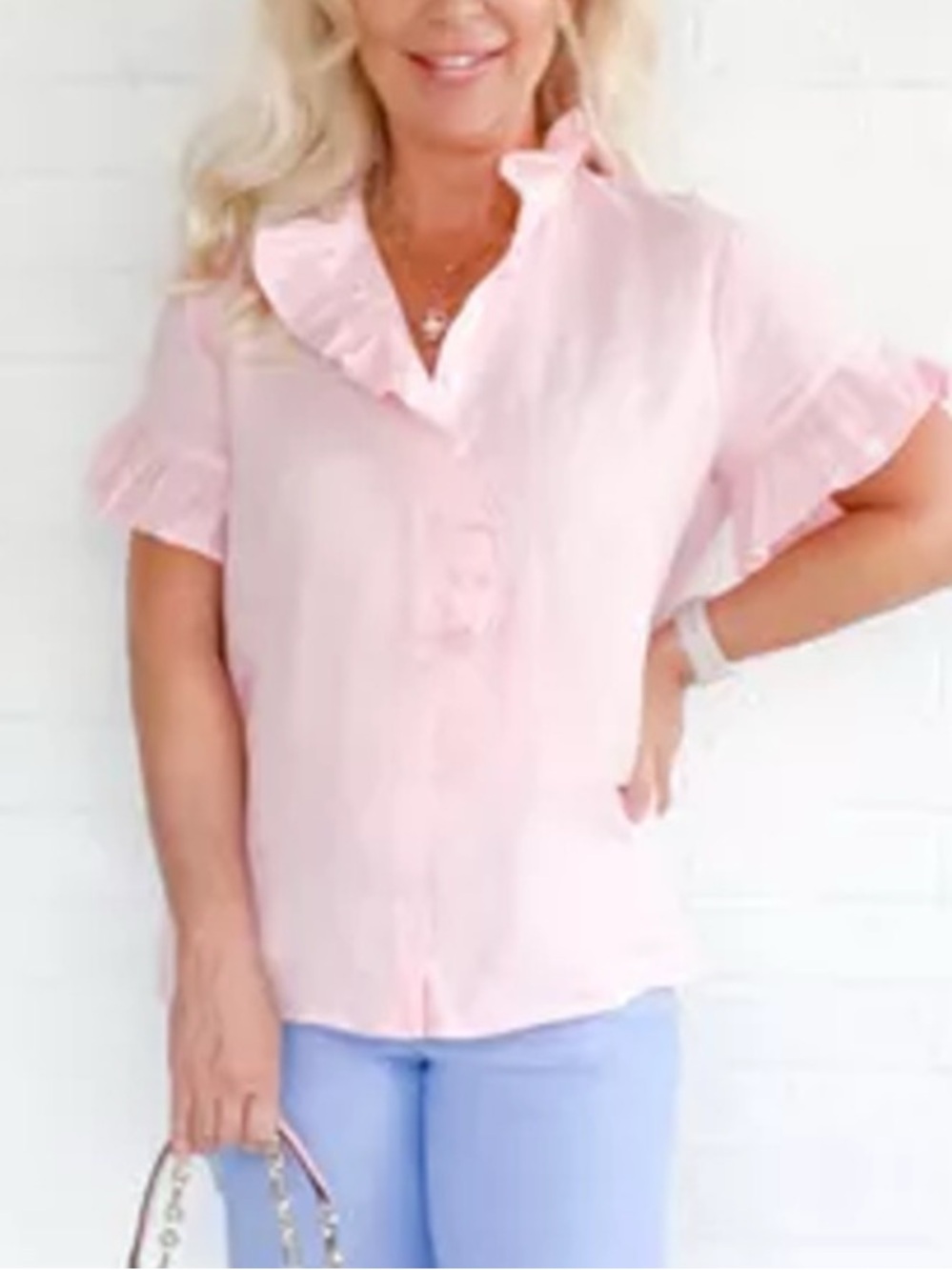 J. Crew Pink Linen Ruffle Trim Blouse EUC - Picture 2 of 4